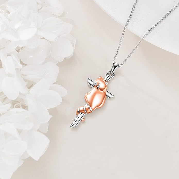 CRMAD Black Cat/Red Panda Cross Necklace for Women Sterling Silver Cross Necklace Animal Jewelry Gift for Women