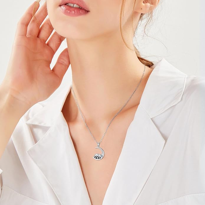 Diamond Black Cat/Red Panda/Sloth/Deer/Unicorn Necklace for Women 925 Sterling Silver Sleeping Animal and Moon Pendant with Lab Grown Diamonds Jewelry Gifts