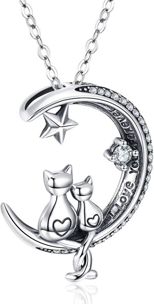 Odinstone Cat Necklace, S925 Sterling Silver Cat on Moon Pendant with Cubic Zirconia, Cat Jewelry Mothers Day Gifts for Mum with Gift Package - I Love You Forever