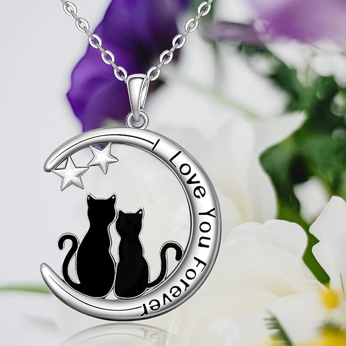Fenthring Black Cat Necklace Sterling Silver Crescent Moon Pendant Cute Cat Couples Friendship Animal I Love You Forever Necklaces for Women Cats Halloween Christmas Holiday Jewelry