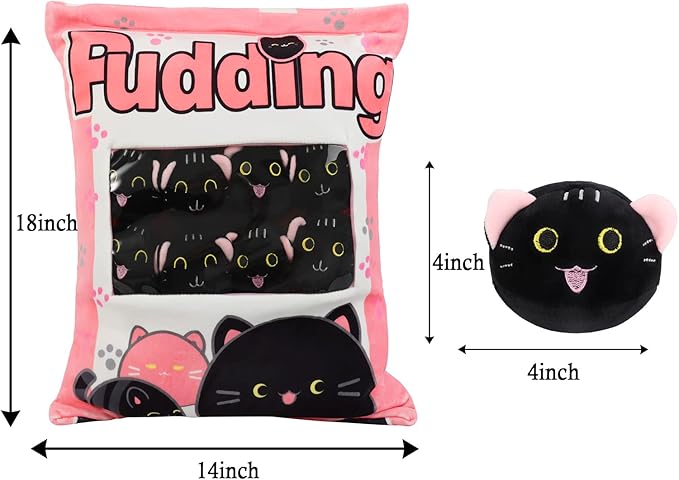 Plush Black Cat Pillow, 8 Cute Removable Stuffed Animals, Kids Sofa Chair Decorative Gift (Pink)