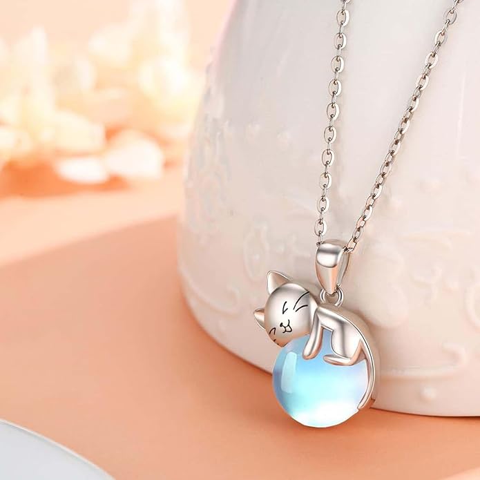Cat Necklace Sterling Silver Cat Pendnat with Rose Quartz Pearl Jewelry Gifts for Women Cat Lovers