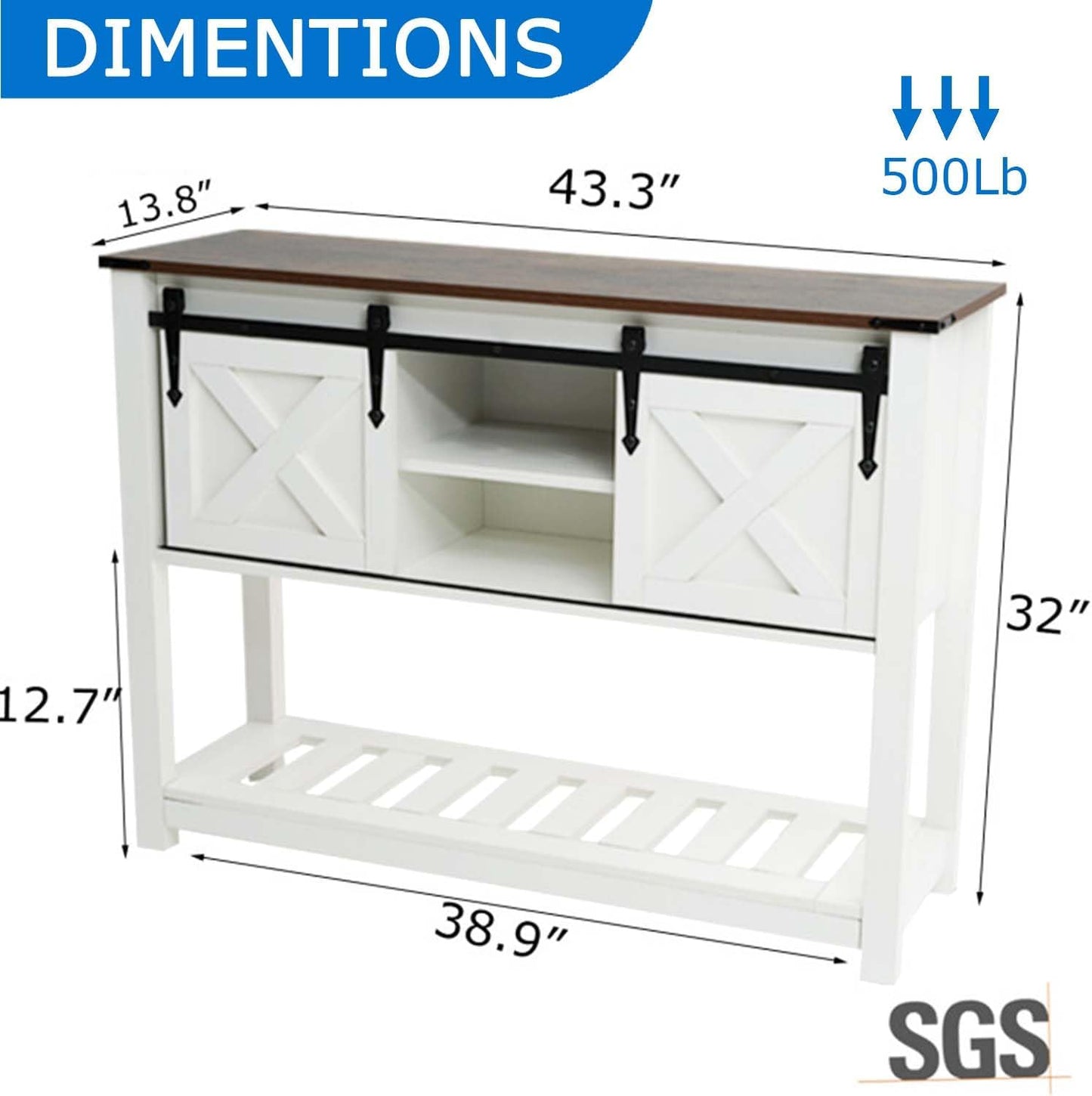 Entryway Table with Storage, Farmhouse Buffet Cabinet Coffee Bar Kitchen Island with Sliding Barn Doors & Shelves, Console Table for Kitchen, Dining Room, Living Room, White