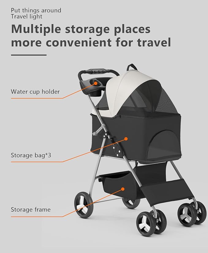 Pet Stroller with 4 Wheels for Small/Medium Pets,Travel Foldable Detachable Carrier for Dog Cat Cage Jogger Stroller, Rear Wheel Breaks, Storage Basket, Visible Mesh Weather Cover (Black)