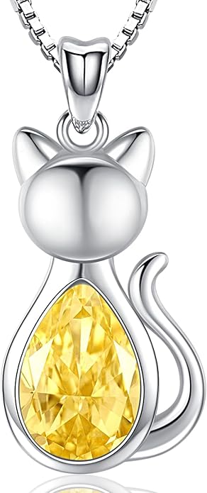 Odinstone Cat Birthstone Necklaces Jewelry Sterling Silver Cat Pendant Necklace Gift for Women Gifts, 18'' Silver Box Chain Women's Birthstone Crystal Cat Jewelry Gifts