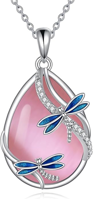 KQF Dragonfly/Butterlfy/Cat/Jellyfish/Bunny/Axolotl/Bee/Mermaid/Hummingbird/Elephant Necklace for Women Sterling Silver Moonstone Pendant Necklace Dragonfly Jewelry Gifts for Women
