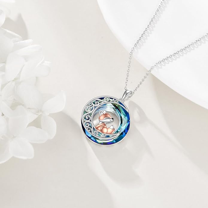 925 Sterling Silver Celtic Crescent Moon Animal Necklace for Women Fox/Black Cat/Hummingbird Crystal/Abalone Shell Pendant Jewelry Gift for Mom Daughter