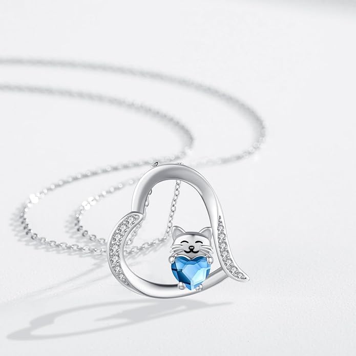 JUSTKIDSTOY Sterling Silver Cute Animal Pendant Necklace with Crystal Cat Pendant - Women's Cat Lovers Jewelry Gift