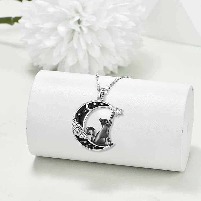 Odinstone Cat Necklace, S925 Sterling Silver Cat on Moon Pendant with Cubic Zirconia, Cat Jewelry Mothers Day Gifts for Mum with Gift Package - I Love You Forever