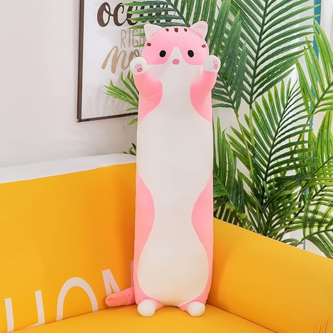 Long Pink Cat Plush Pillow Toy Sleeping Pillow Cute Cartoon Cat Stuffed Animals Soft Long Body Pillow Gift for Kids (27.55in)
