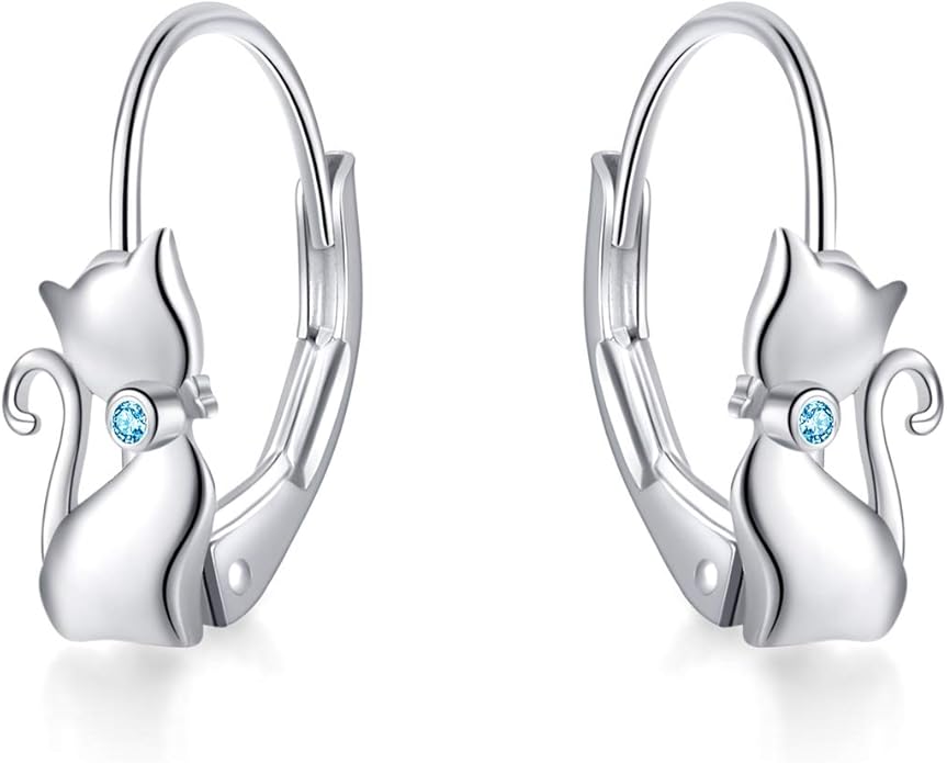 Cat Gifts Earrings Sterling Silver Cute Small Animal Cats Dangle Leverback Jewelry Gifts for women cat Lovers