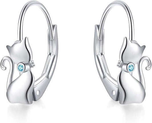 Cat Gifts Earrings Sterling Silver Cute Small Animal Cats Dangle Leverback Jewelry Gifts for women cat Lovers