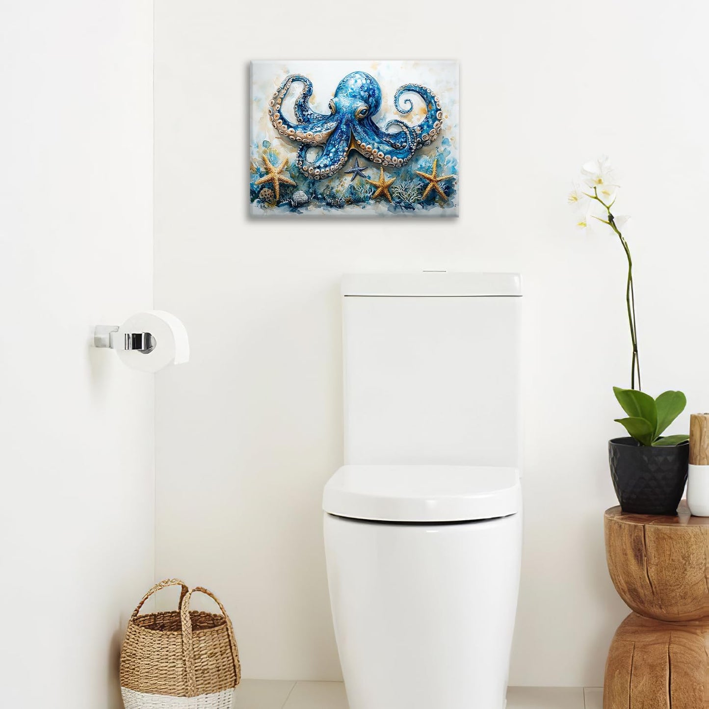 Octopus Bathroom Pictures Wall Art, Sea Animal Ocean Bathroom Wall Decor, Nautical Framed Painting Canvas Artwork for Bedroom Living Room Decorations 20"L x 16"W