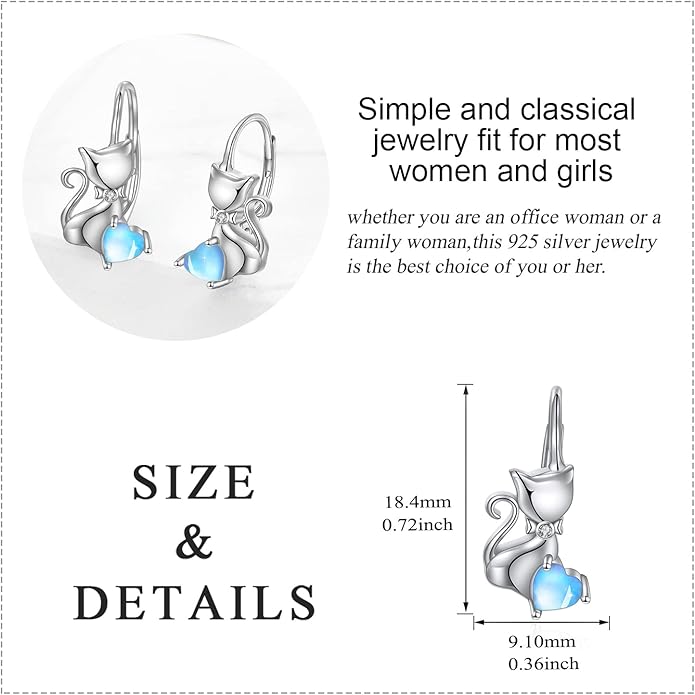 Cat Gifts Earrings Sterling Silver Cute Small Animal Cats Dangle Leverback Jewelry Gifts for women cat Lovers