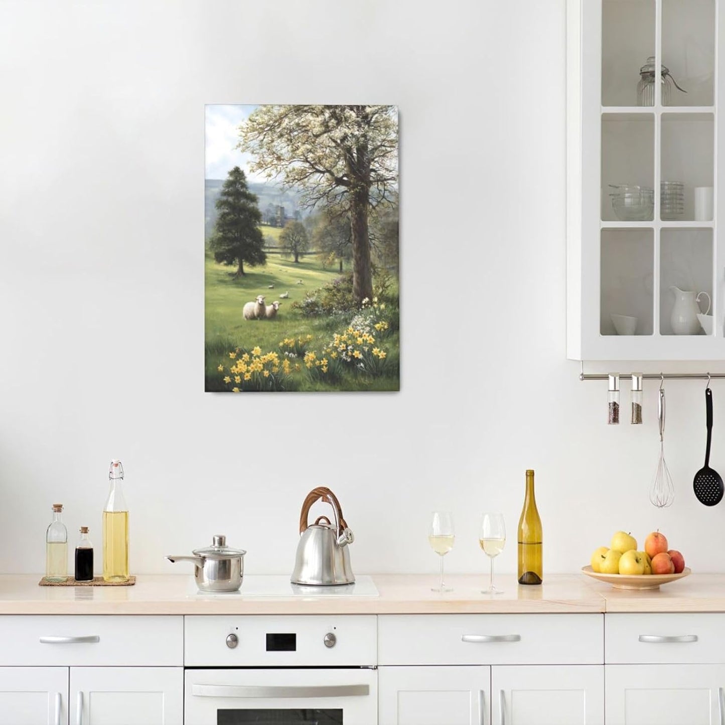 Country Sheep Canvas Wall Decor Farmhouse Rustic Lamb Wildflower Wall Art Nature Countryside Landscape Pictures Painting Print Framed Artwork Decorations for Bathroom Living Room Bedroom 16"x24"