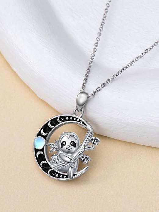 Fox/Cat/Axolotl/Sloth/Panda Necklace Crescent Moon Necklace 925 Sterling Silver Cute Animal Jewelry as Birthday Mothers Day Gifts for Women