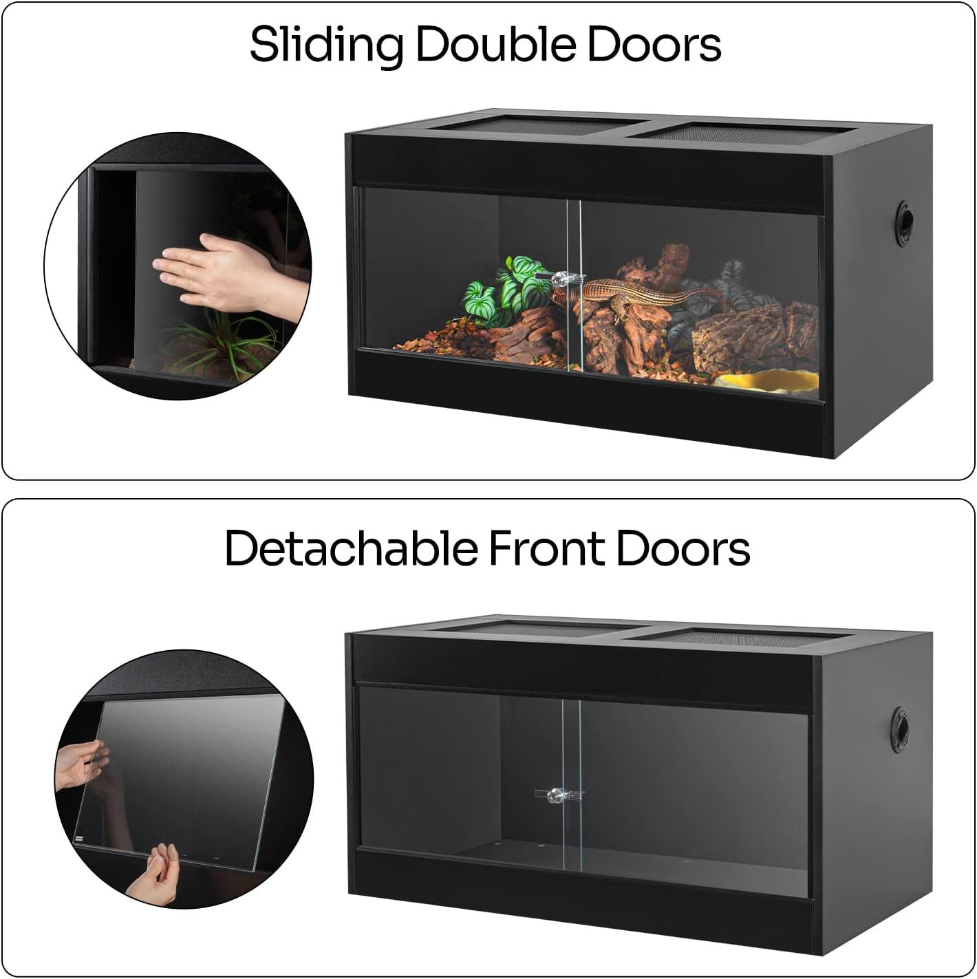 OIIBO 50 Gallon Reptile Original Wood Enclosure, Reptile Terrarium with Double Hinge Sliding Doors and Top Screen Ventilation Black Reptiles Habitat Lounge (Knock-Down) (36"x18"x18")