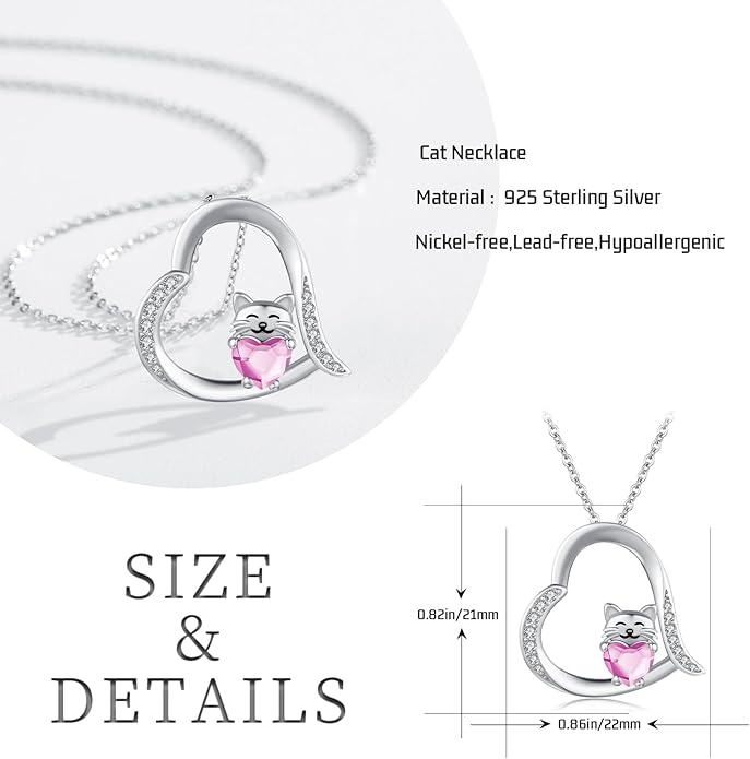 JUSTKIDSTOY Sterling Silver Cute Animal Pendant Necklace with Crystal Cat Pendant - Women's Cat Lovers Jewelry Gift
