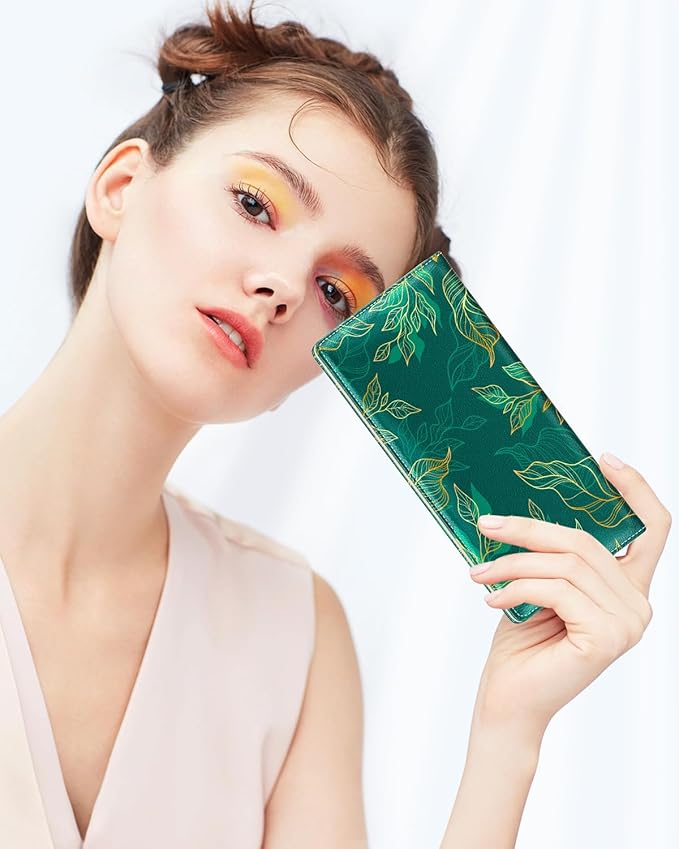 Nipichsha Womens Wallet, RFID Slim Wallets for Women, Thin Ladies Credit Card Holder Purse, Cute Leather Bifold Clutch Billfold with 11 Card Slots & ID Window, Luxury Green Leaf