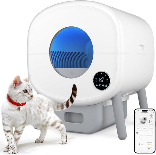 Cumrige Self Cleaning Litter Box, Large Capacity Automatic Cat Litter Box Self Cleaning for Cats, App Control,Safety Protection, 2 Roll Garbage Bags,White & Grey