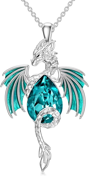 Dragon Necklace for Men Sterling Silver Birthstone Wyvern Necklace Embllished with Teardrop Shaped Crystal Jewelry for Women