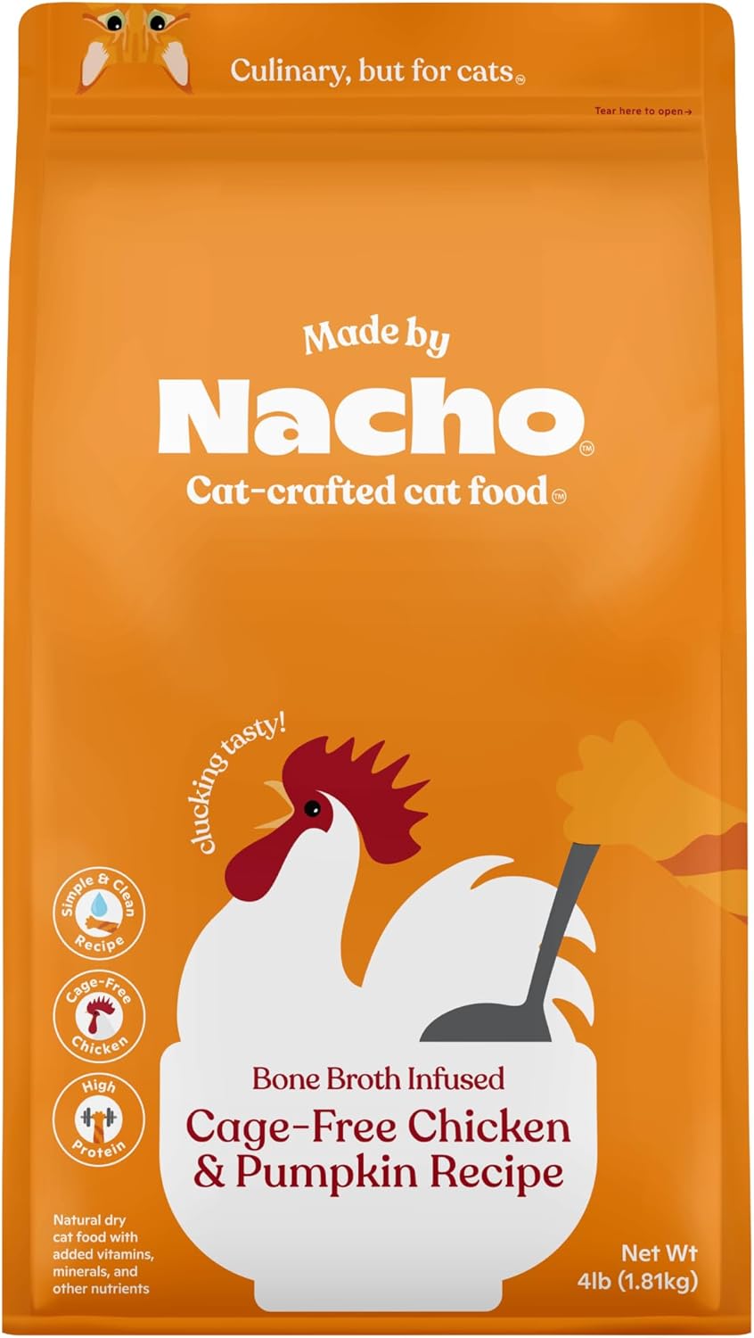 Made by Nacho Dry Cat Kibble 4lb Bag, High Protein and Grain-Friendly Premium Cat Food, Cage-Free Chicken & Pumpkin Recipe, Infused with Bone Broth for Hydration, Limited Ingredients, Single Bag