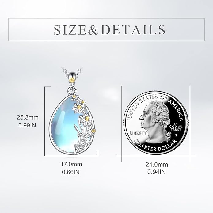 CRMAD Daisy/Black Cat/Dragonfly/Daffodil/Hummingbird/Stingray/Phoenix Feather/Rose Necklace Sterling Silver Moonstone Teardrop Pendant Necklace Flower Animal Jewelry Gifts for Women