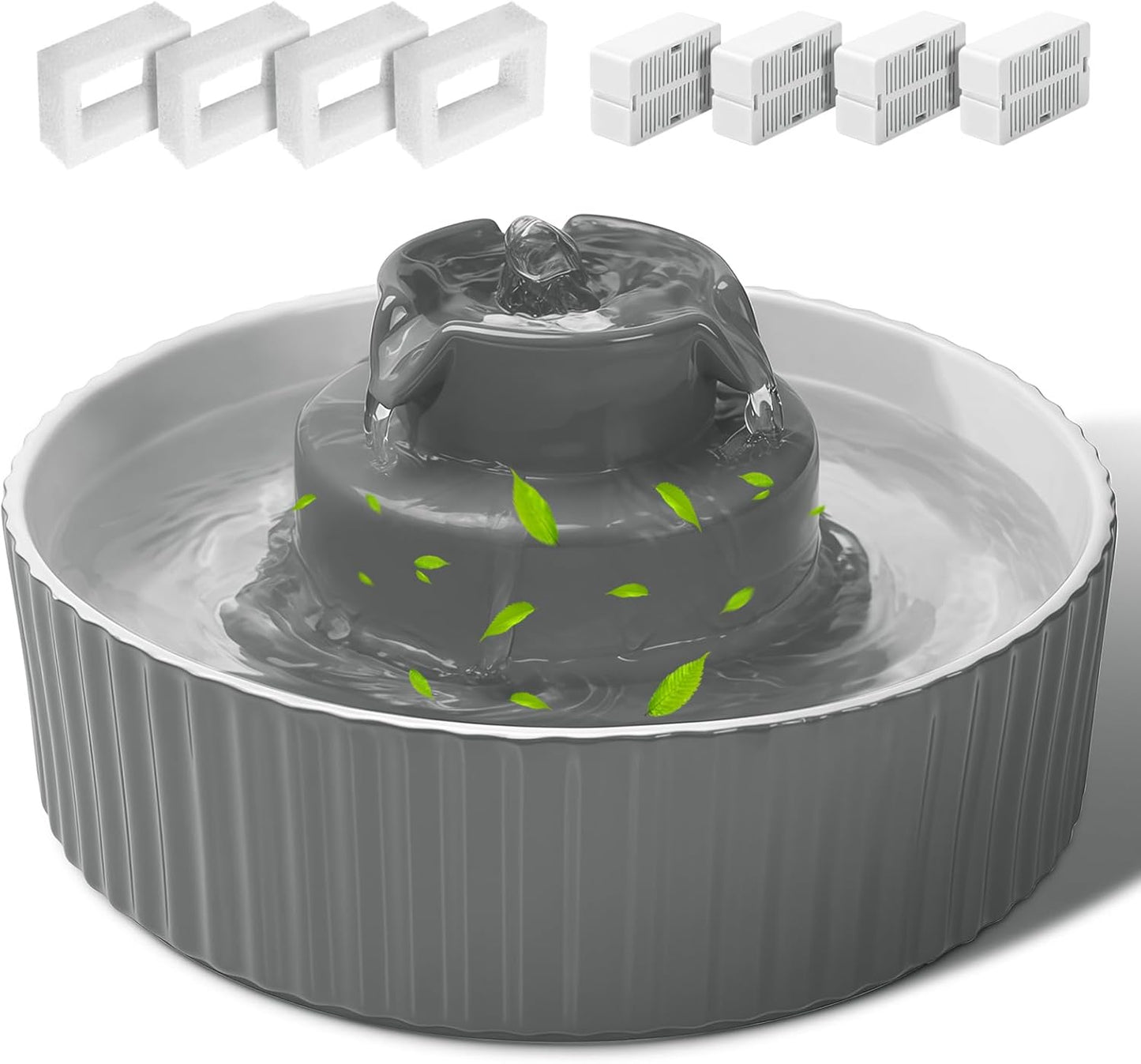 Ceramic Cat Water Fountain, 2.1L/70oz Porcelain Pet Drinking Dispenser with 4 Set Replacement Filter & Sponge, Automatic Dog Water Bowl with Ultra-Quiet Pump, Cat Feeding Watering Supplies(Grey)