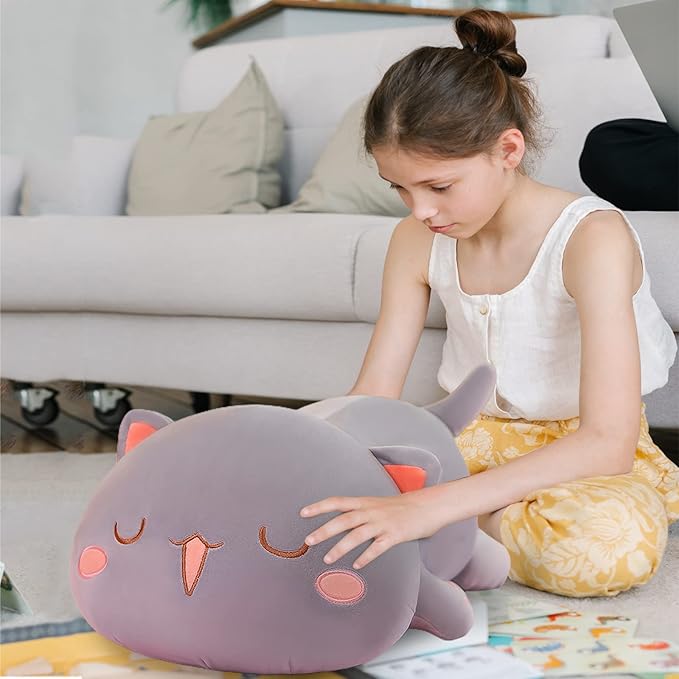 FUYU Cat Stuffed Animals, Soft Cat Plush Pillow Kawaii Kitten Stuffed Animal Toy Gifts for Kids Boys Girls Room Decor (Gray Squinted,15in/37cm)