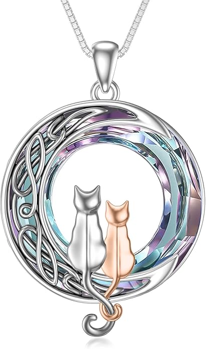TOUPOP Cat Gifts for Cat Lovers 1 2 3 Cats Necklace Sterling Silver Cat on the Moon Pendant Necklace with Blue Circle Crystal Birthday Christmas Celtic Jewelry Gifts for Women
