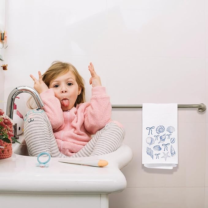 Coquette Blue Bow Seashell Beach Kitchen Towels, Preppy Blue Beach Hand Towels for Bathroom, Coastal Nautical Beachy Decorative Dish Tea Towels for Kitchen, 16x24 Inch