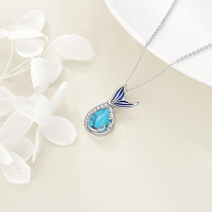 Teardrop Moss Agate/Turquoise/Moonstone/Larimar Mermaid/Fox/Cat Necklace Sterling Silver Pendant Necklace Jewelry Gifts for Women