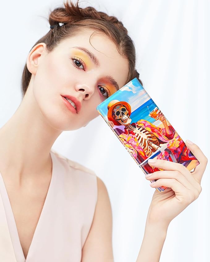 Nipichsha Womens Wallet, RFID Slim Wallets for Women, Thin Ladies Credit Card Holder Purse, Cute Leather Bifold Clutch Billfold with 11 Card Slots & ID Window, Beach Skull