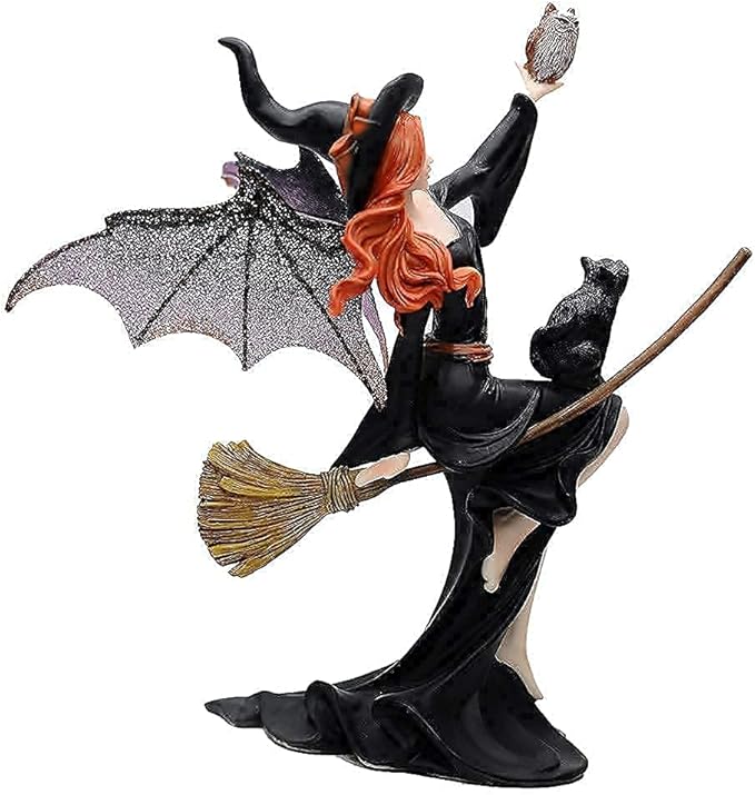 Comfy Hour Fairyland Collection 9-inch Dark Fairy Witch on Magic Broom with Black Cat Figure and 7-inch Black Feather Standing Crow Bird Halloween Decorative Figurine, Polyresin, Bundle of 2