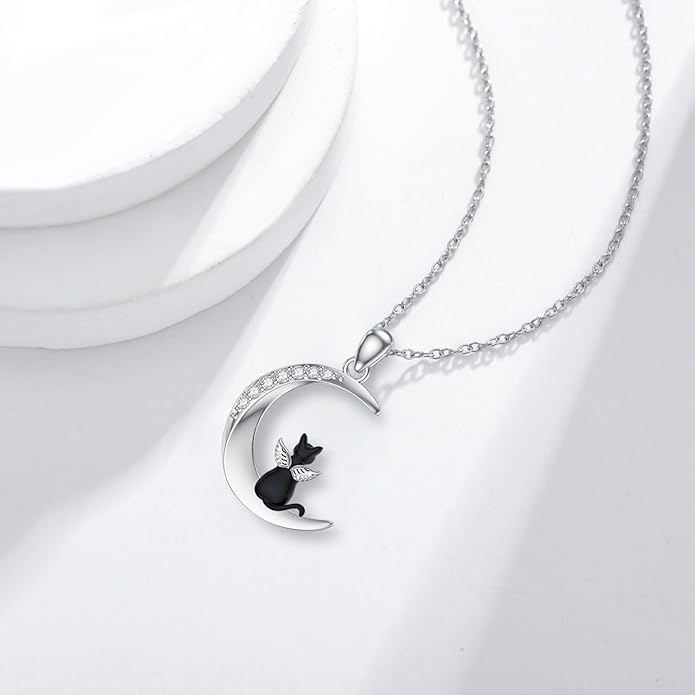 Diamond Moon and Cat Necklace for Women 925 Sterling Silver Cat Angel on the Moon Pendant with Lab Grown Diamonds Cat Angel Memorial Jewelry Gifts for Cat Lover