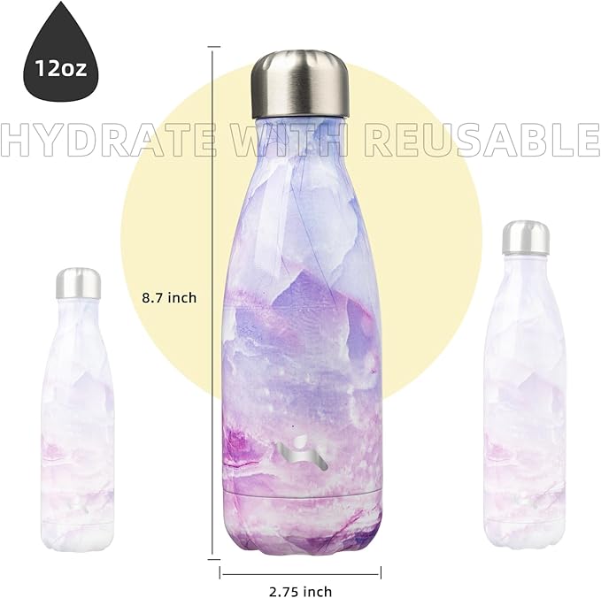 Insulated Water Bottles,12 oz Double Wall Stainless Steel Vacumm Metal Flask for Sports Travel,Marble Dawn