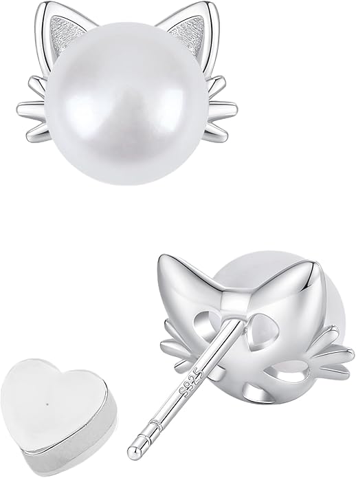 PANSTAR Hypoallergenic 925 Sterling Silver Pearl Cat Earrings for Women - Cute Dainty Cat Stud Earrings, Valentine’s & Mother’s Day Gift with Box