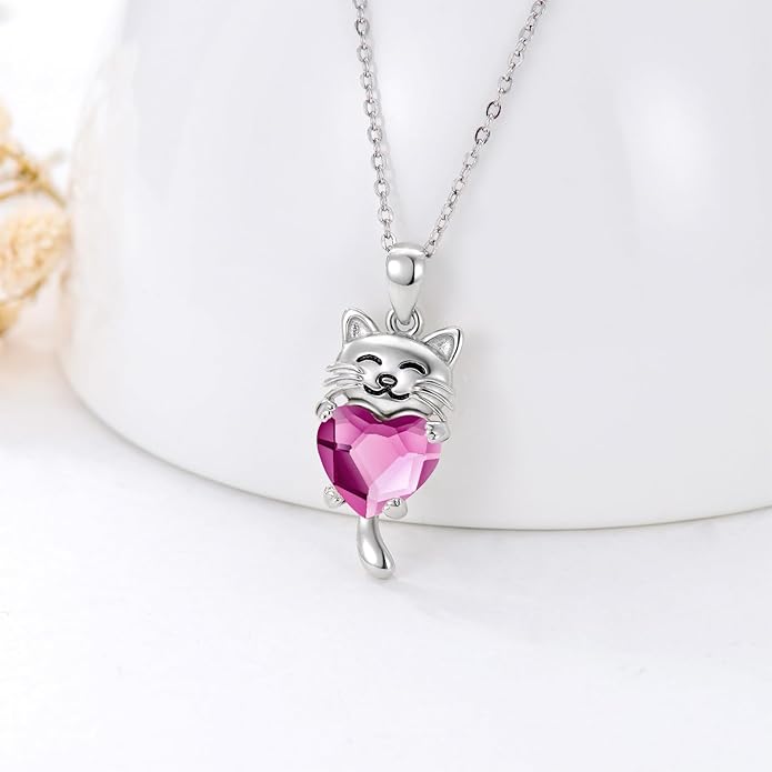 JUSTKIDSTOY Sterling Silver Cute Animal Pendant Necklace with Crystal Cat Pendant - Women's Cat Lovers Jewelry Gift