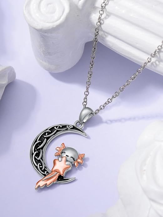 Fox/Cat/Axolotl/Sloth/Panda Necklace Crescent Moon Necklace 925 Sterling Silver Cute Animal Jewelry as Birthday Mothers Day Gifts for Women
