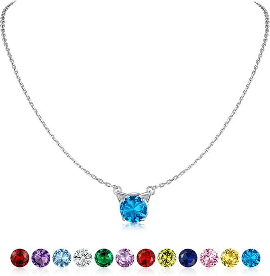 SILVERCUTE Sterling Silver Birthstone Necklace for Women,Dainty Silver Pendant Necklace with Round Cubic Zirconia,16"-18"