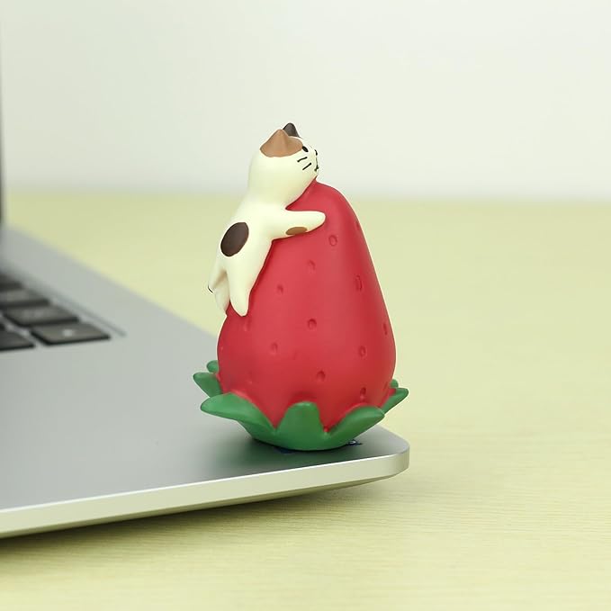 Cute Miniature Cat Figurine Resting on a Strawberry Resin Mini Cat Figures, Kitten Miniature Desk Accessories - Perfect Cute Cat Gift for Cat Lovers