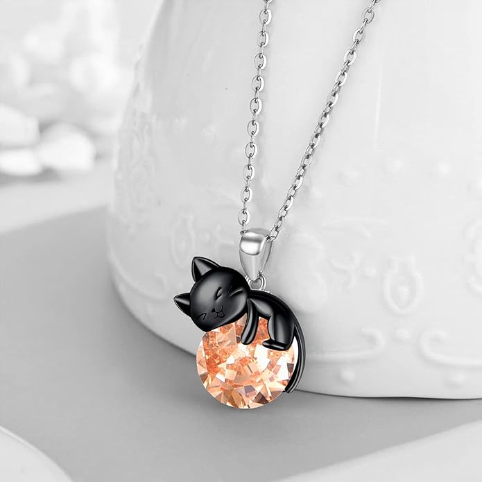 Cat Necklace Sterling Silver Cat Pendnat with Rose Quartz Pearl Jewelry Gifts for Women Cat Lovers