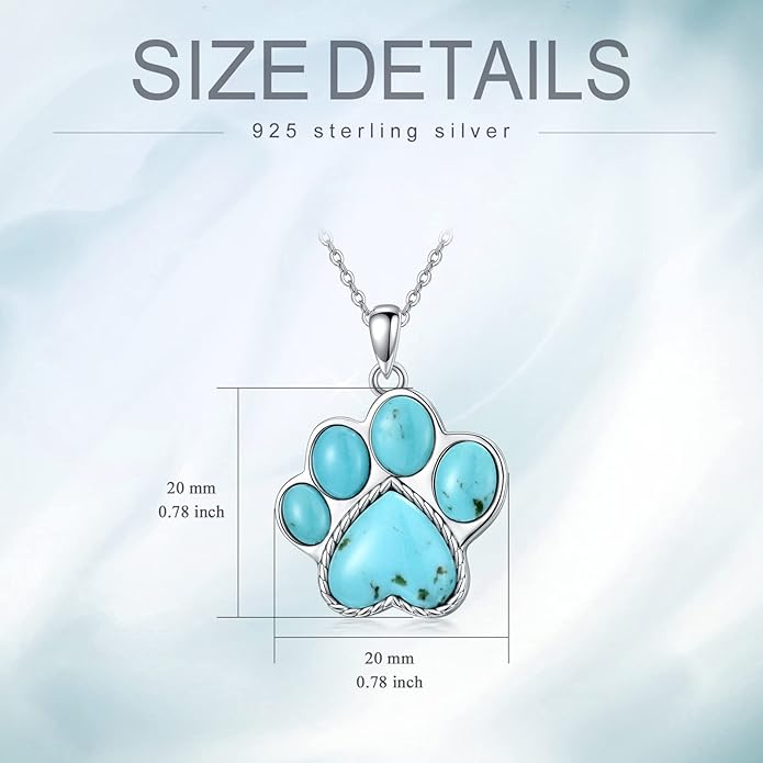 Paw Print Necklace 925 Sterling Silver with Genuine Turquoise/Larimar Dog Cat Kitten Puppy Footprint Pendant Animal Jewelry Gifts for Women Pet Lover