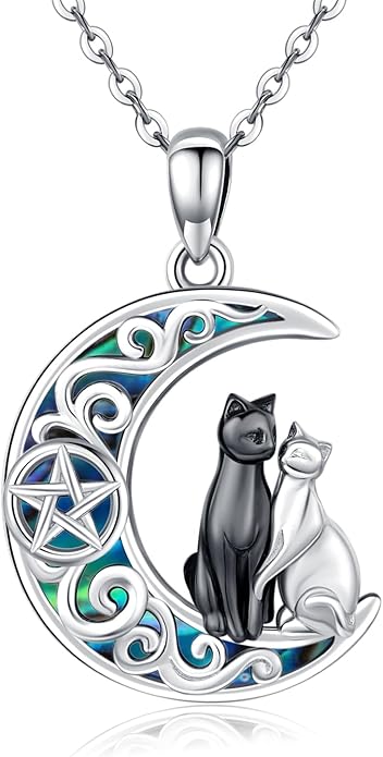 Odinstone Cat Necklace, S925 Sterling Silver Cat on Moon Pendant with Cubic Zirconia, Cat Jewelry Mothers Day Gifts for Mum with Gift Package - I Love You Forever