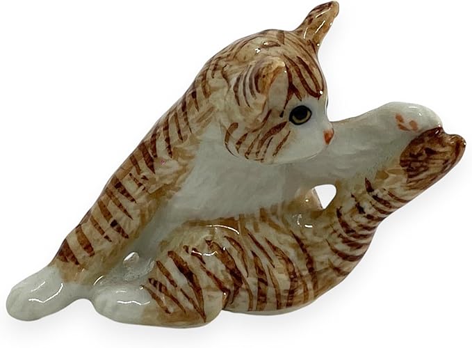 WitnyStore Tiny 2¼" Brown White Tabby Shorthair Cat Chasing Tail Figurine - Miniature Hand Made Painted Ceramic Cats Kitten Feline Animal Cute Porcelain Decorative Collectible Figurines Décor Gifts