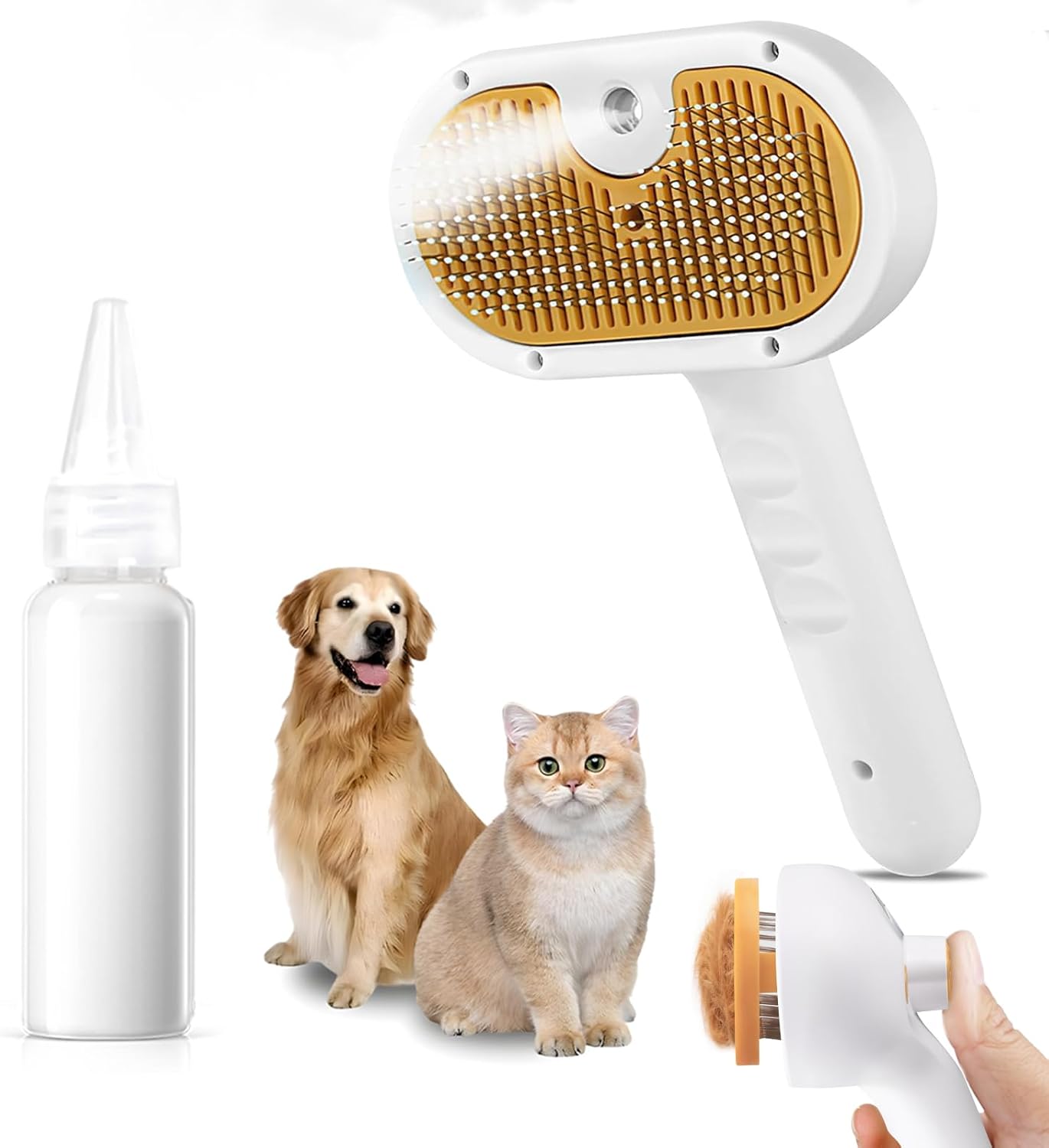 Pet Steam Brush for Dog & Cat – 3-in-1 Spray Hair Removal Comb – Steam for Shedding & Grooming – Water Brush for Long & Short Haired Pets – Spritz Defur Comb – Includes 2*Waterless Shampoo