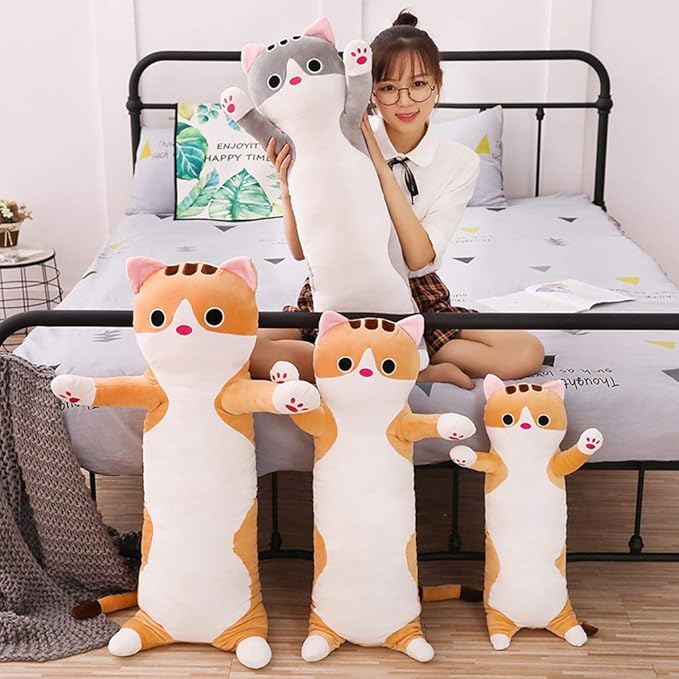 Cat Plush Hugging Pillow, Cat Stuffed Animals Soft Kitten Plush Long Body Pillow Toy Gifts for Kids (Gray, 27.55 inch)