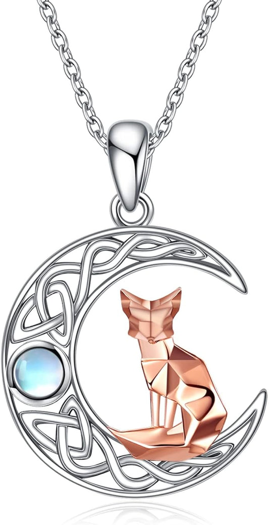 925 Sterling Silver Celtic Crescent Moon Animal Necklace for Women Fox/Black Cat/Hummingbird Crystal/Abalone Shell Pendant Jewelry Gift for Mom Daughter