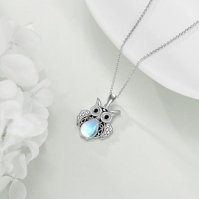 KQF Cat/Dragonfly/Owl/Angel Wings Necklace for Women Sterling Silver Moonstone Pendant Necklaces Animal Jewelry Mother'S Day Gifts for Cat Lover Teen