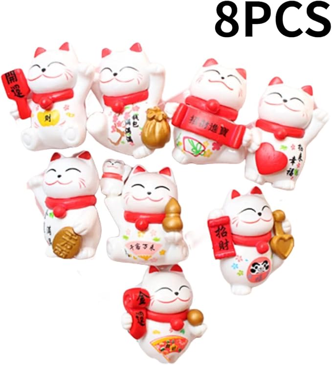 Good Luck Cat, Wealth Welcoming Cats 8 Pcs Miniature Cats Ornament Decorations Cute Lucky Cat for Crafts Home Decor and Cake Topper(White)